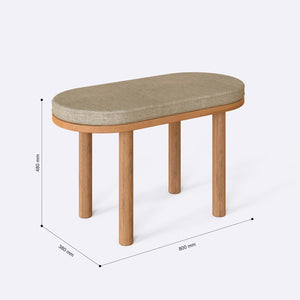 Shiv Bench 80 x 38 cm ölçülendirilmiş teknik görünümü, kum keten döşeme, milimetre cinsinden genişlik, derinlik ve yükseklik