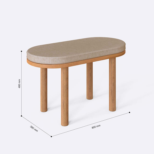 Shiv Bench 80 x 38 cm ölçülendirilmiş teknik görünümü, ekru keten döşeme, milimetre cinsinden genişlik, derinlik ve yükseklik