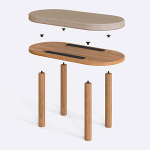 Shiv Bench 80 x 38 cm parçalarına ayrılmış montaj görünümü, ekru keten oturum ve masif kayın ayaklar ile bağlantı vidaları