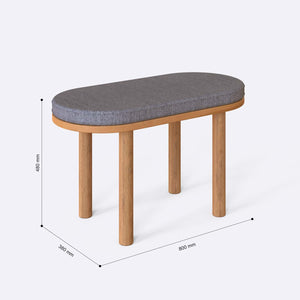 Shiv Bench 80 x 38 cm ölçülendirilmiş teknik görünümü, gri keten döşeme, milimetre cinsinden genişlik, derinlik ve yükseklik