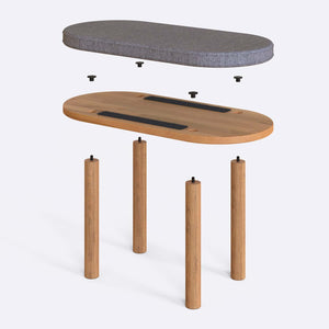 Shiv Bench 80 x 38 cm parçalarına ayrılmış montaj görünümü, gri keten oturum ve masif kayın ayaklar ile bağlantı vidaları