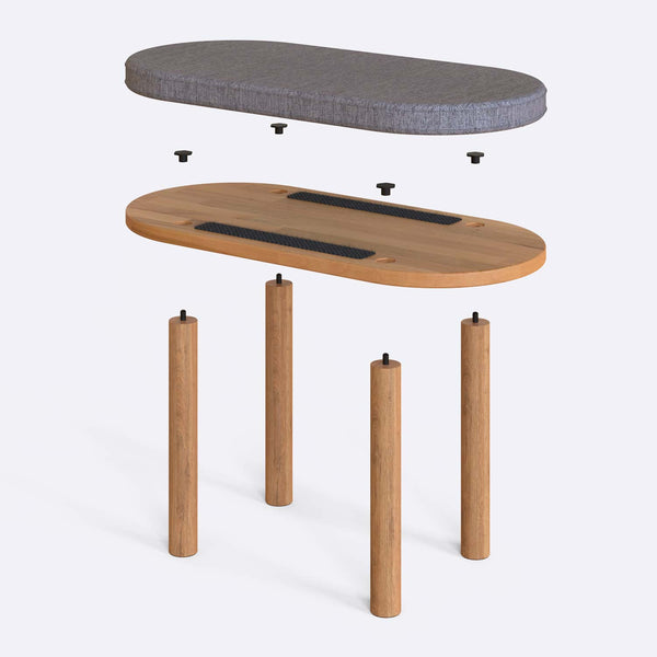 Shiv Bench 80 x 38 cm parçalarına ayrılmış montaj görünümü, gri keten oturum ve masif kayın ayaklar ile bağlantı vidaları
