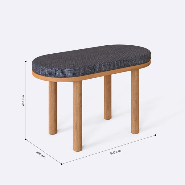 Shiv Bench 80 x 38 cm ölçülendirilmiş teknik görünümü, kül keten döşeme, milimetre cinsinden genişlik, derinlik ve yükseklik