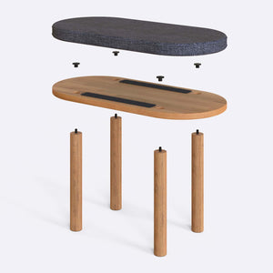 Shiv Bench 80 x 38 cm parçalarına ayrılmış montaj görünümü, kül keten oturum ve masif kayın ayaklar ile bağlantı vidaları