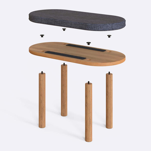 Shiv Bench 80 x 38 cm parçalarına ayrılmış montaj görünümü, kül keten oturum ve masif kayın ayaklar ile bağlantı vidaları