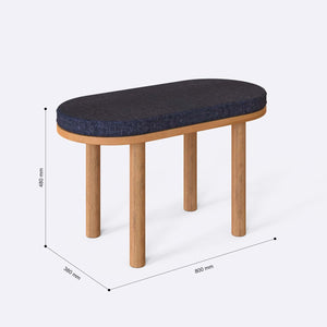Shiv Bench 80 x 38 cm ölçülendirilmiş teknik görünümü, lacivert keten döşeme, milimetre cinsinden ölçüler