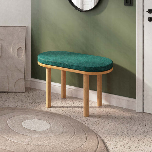 Shiv Bench 80 x 38 cm, petrol keten döşeme, masif kayın gövde, döşenmiş oda ortamında kullanım görünümü