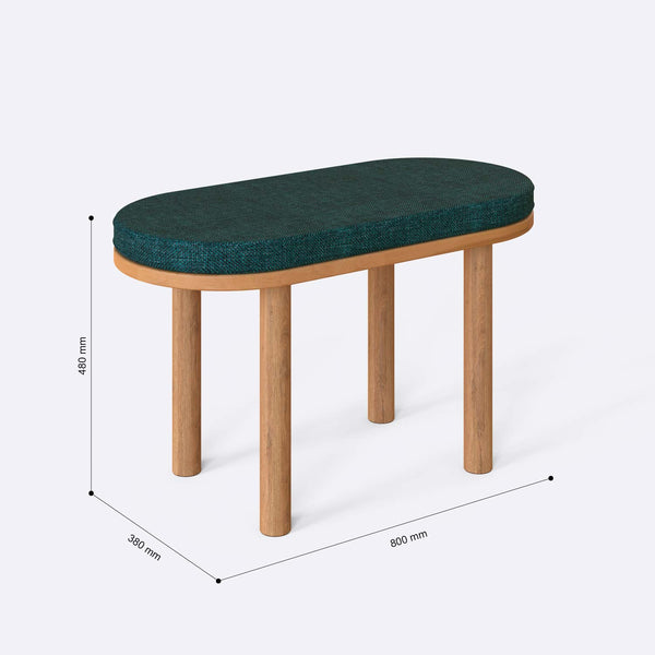 Shiv Bench 80 x 38 cm ölçülendirilmiş teknik görünümü, petrol keten döşeme, milimetre cinsinden ölçüler