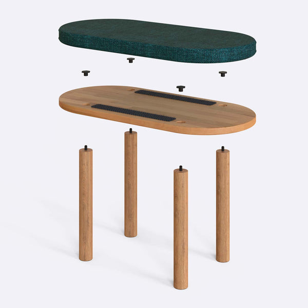 Shiv Bench 80 x 38 cm parçalarına ayrılmış montaj görünümü, petrol keten oturum ve masif kayın ayaklar ile bağlantı vidaları