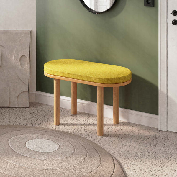 Shiv Bench 80 x 38 cm, sarı keten döşeme, masif kayın gövde, döşenmiş oda ortamında kullanım görünümü
