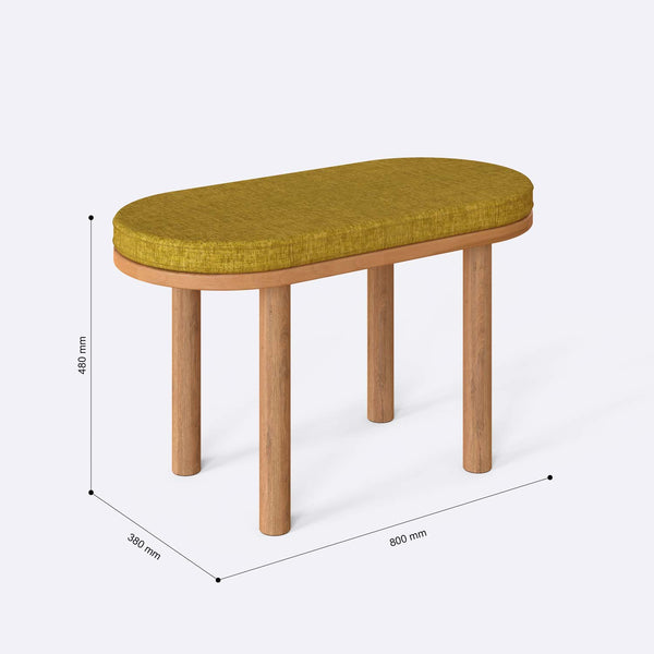 Shiv Bench 80 x 38 cm ölçülendirilmiş teknik görünümü, sarı keten döşeme, milimetre cinsinden genişlik, derinlik ve yükseklik