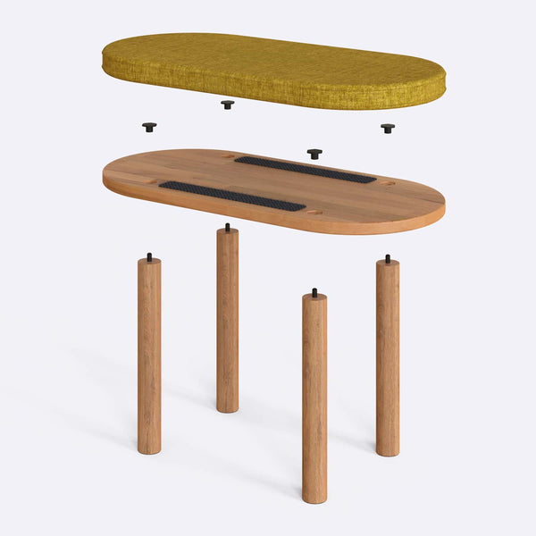 Shiv Bench 80 x 38 cm parçalarına ayrılmış montaj görünümü, sarı keten oturum ve masif kayın ayaklar ile bağlantı vidaları