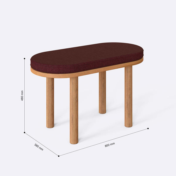 Shiv Bench 80 x 38 cm ölçülendirilmiş teknik görünümü, bordo keten döşeme, milimetre cinsinden ölçüler