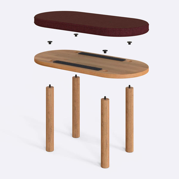 Shiv Bench 80 x 38 cm parçalarına ayrılmış montaj görünümü, bordo keten oturum ve masif kayın ayaklar ile bağlantı vidaları