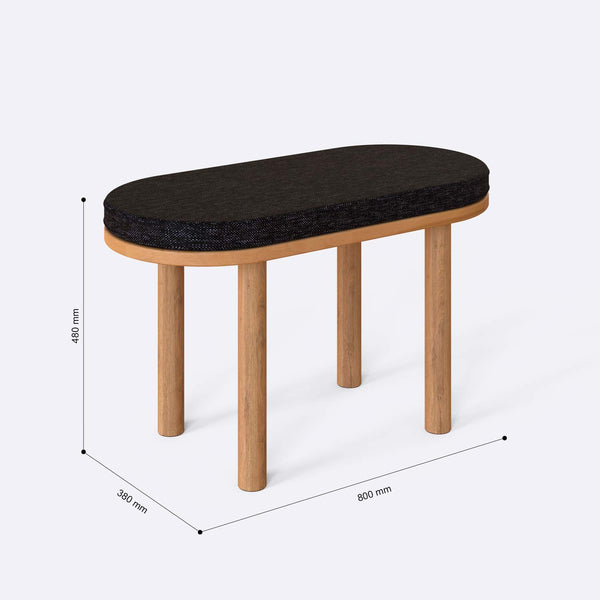 Shiv Bench 80 x 38 cm ölçülendirilmiş teknik görünümü, siyah keten döşeme, milimetre cinsinden ölçüler
