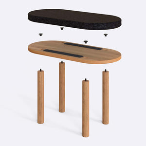 Shiv Bench 80 x 38 cm parçalarına ayrılmış montaj görünümü, siyah keten oturum ve masif kayın ayaklar ile bağlantı vidaları