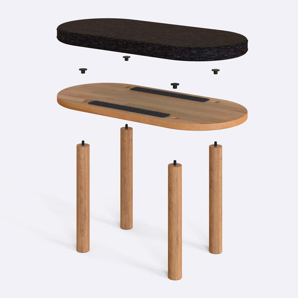 Shiv Bench 80 x 38 cm parçalarına ayrılmış montaj görünümü, siyah keten oturum ve masif kayın ayaklar ile bağlantı vidaları