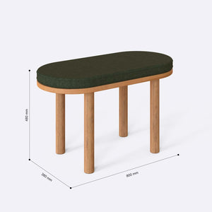 Shiv Bench 80 x 38 cm ölçülendirilmiş teknik görünümü, yeşil keten döşeme, milimetre cinsinden ölçüler