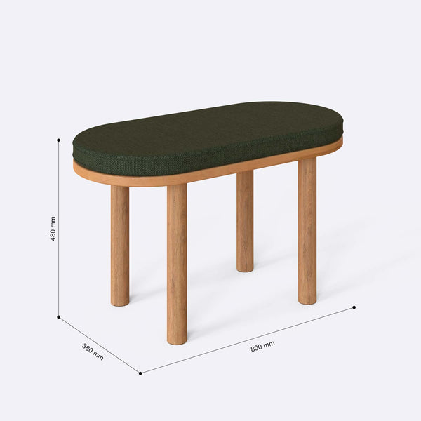 Shiv Bench 80 x 38 cm ölçülendirilmiş teknik görünümü, yeşil keten döşeme, milimetre cinsinden ölçüler