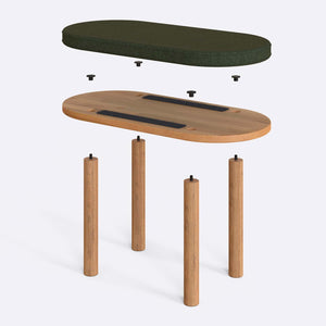 Shiv Bench 80 x 38 cm parçalarına ayrılmış montaj görünümü, yeşil keten oturum ve masif kayın ayaklar ile bağlantı vidaları