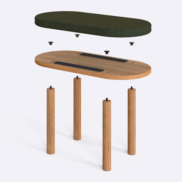 Shiv Bench 80 x 38 cm parçalarına ayrılmış montaj görünümü, yeşil keten oturum ve masif kayın ayaklar ile bağlantı vidaları