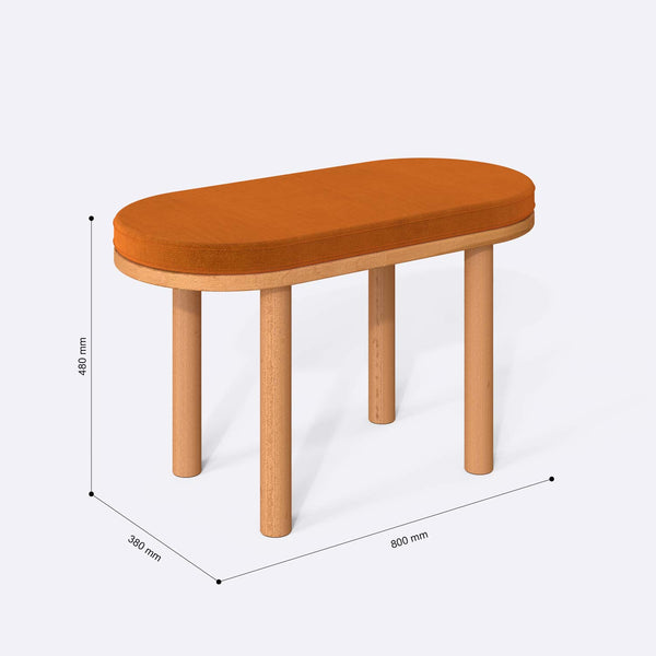 Shiv Bench 80 x 38 cm ölçülendirilmiş teknik görünümü, badem kadife döşeme, milimetre cinsinden ölçüler