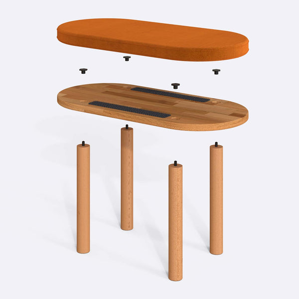 Shiv Bench 80 x 38 cm parçalarına ayrılmış montaj görünümü, badem kadife oturum ve masif kayın ayaklar ile bağlantı vidaları