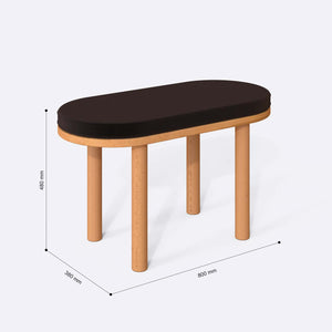 Shiv Bench 80 x 38 cm ölçülendirilmiş teknik görünümü, kahve kadife döşeme, milimetre cinsinden ölçüler