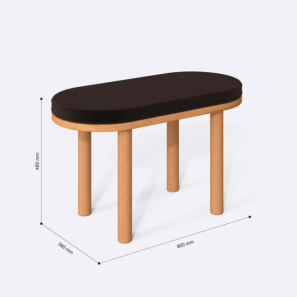 Shiv Bench 80 x 38 cm ölçülendirilmiş teknik görünümü, kahve kadife döşeme, milimetre cinsinden ölçüler