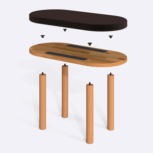 Shiv Bench 80 x 38 cm parçalarına ayrılmış montaj görünümü, kahve kadife oturum ve masif kayın ayaklar ile bağlantı vidaları