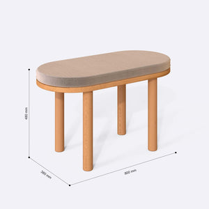 Shiv Bench 80 x 38 cm ölçülendirilmiş teknik görünümü, kum kadife döşeme, milimetre cinsinden genişlik, derinlik ve yükseklik
