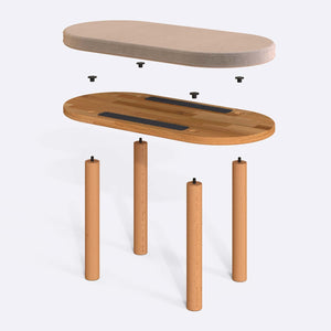 Shiv Bench 80 x 38 cm parçalarına ayrılmış montaj görünümü, kum kadife oturum ve masif kayın ayaklar ile bağlantı vidaları