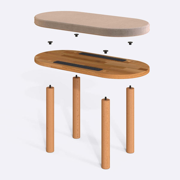 Shiv Bench 80 x 38 cm parçalarına ayrılmış montaj görünümü, kum kadife oturum ve masif kayın ayaklar ile bağlantı vidaları