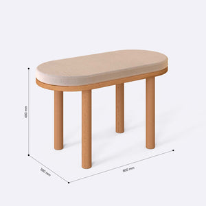 Shiv Bench 80 x 38 cm ölçülendirilmiş teknik görünümü, ekru kadife döşeme, milimetre cinsinden ölçüler