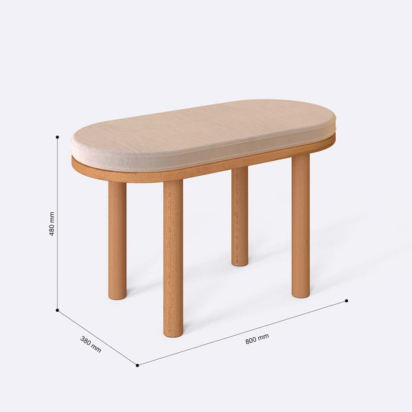 Shiv Bench 80 x 38 cm ölçülendirilmiş teknik görünümü, ekru kadife döşeme, milimetre cinsinden ölçüler