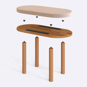 Shiv Bench 80 x 38 cm parçalarına ayrılmış montaj görünümü, ekru kadife oturum ve masif kayın ayaklar ile bağlantı vidaları