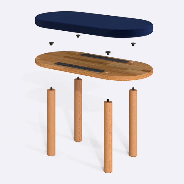 Shiv Bench 80 x 38 cm parçalarına ayrılmış montaj görünümü, lacivert kadife oturum ve masif kayın ayaklar