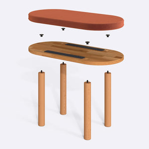 Shiv Bench 80 x 38 cm parçalarına ayrılmış montaj görünümü, somon kadife oturum ve masif kayın ayaklar ile bağlantı vidaları