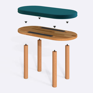 Shiv Bench 80 x 38 cm parçalarına ayrılmış montaj görünümü, petrol kadife oturum ve masif kayın ayaklar ile bağlantı vidaları