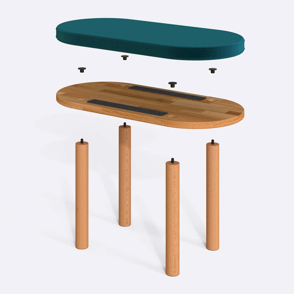 Shiv Bench 80 x 38 cm parçalarına ayrılmış montaj görünümü, petrol kadife oturum ve masif kayın ayaklar ile bağlantı vidaları