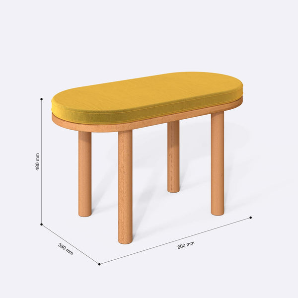 Shiv Bench 80 x 38 cm ölçülendirilmiş teknik görünümü, sarı kadife döşeme, milimetre cinsinden ölçüler