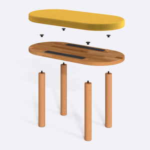 Shiv Bench 80 x 38 cm parçalarına ayrılmış montaj görünümü, sarı kadife oturum ve masif kayın ayaklar ile bağlantı vidaları