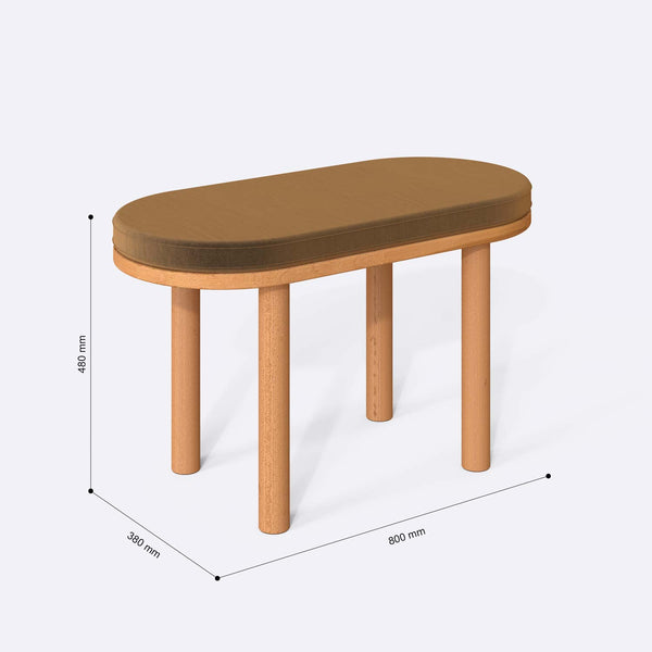 Shiv Bench 80 x 38 cm ölçülendirilmiş teknik görünümü, vizon kadife döşeme, milimetre cinsinden ölçüler