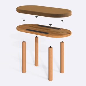 Shiv Bench 80 x 38 cm parçalarına ayrılmış montaj görünümü, vizon kadife oturum ve masif kayın ayaklar ile bağlantı vidaları