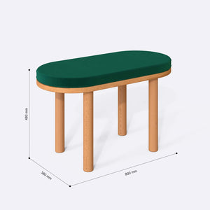 Shiv Bench 80 x 38 cm ölçülendirilmiş teknik görünümü, zümrüt kadife döşeme, milimetre cinsinden ölçüler