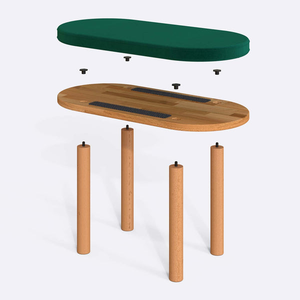 Shiv Bench 80 x 38 cm parçalarına ayrılmış montaj görünümü, zümrüt kadife oturum ve masif kayın ayaklar ile bağlantı vidaları