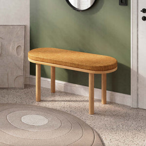 Shiv Bench 100 x 38 cm, badem keten döşeme, masif kayın gövde, ev ortamında kullanım görünümü