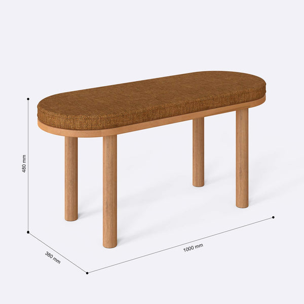 Shiv Bench 100 x 38 cm ölçülendirilmiş teknik görünümü, badem keten döşeme, milimetre cinsinden ölçüler