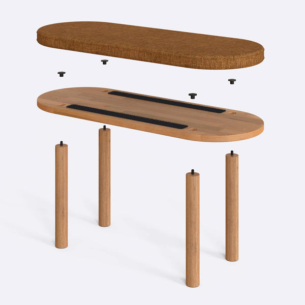 Shiv Bench 100 x 38 cm parçalarına ayrılmış montaj görünümü, badem keten oturum ve masif kayın ayaklar