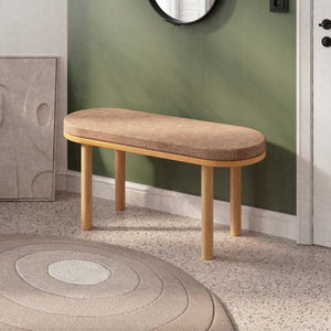 Shiv Bench 100 x 38 cm, kahve keten döşeme, masif kayın gövde, ev ortamında kullanım görünümü